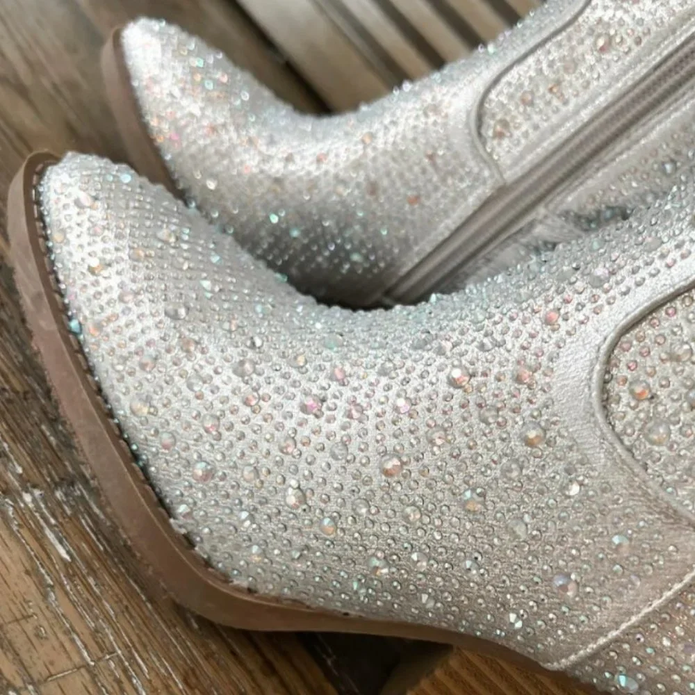 New Campagne Gold Blingy Rhinestone Knee High Cowboy Boots - Picture 5 of 6